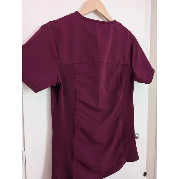 Dickies Wine Red Women's V-Neck Rib Knit Panel Scrub Top Sz S Healthcare Medical - Picture 8 of 8